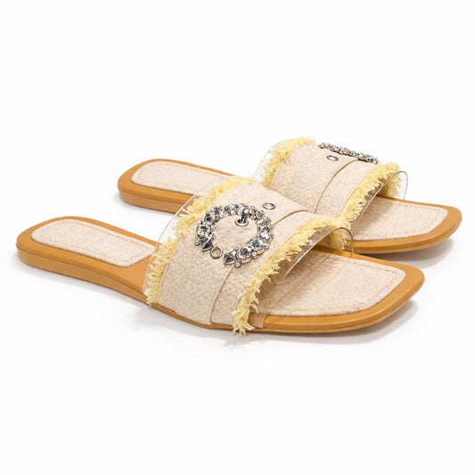 Elegant women’s slippers with a transparent strap and crystal details – summer square-toe design with a comfortable flat sole – modern style. - H25