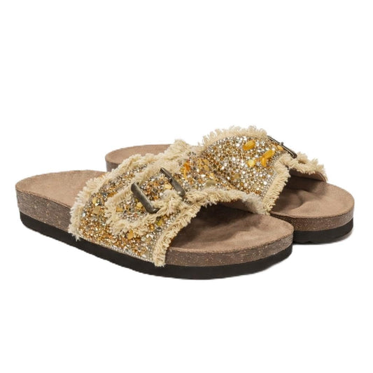 Women’s slippers decorated with golden crystals and a metal buckle – luxurious summer style with a comfortable suede sole – elegant design for daily outings. - B3