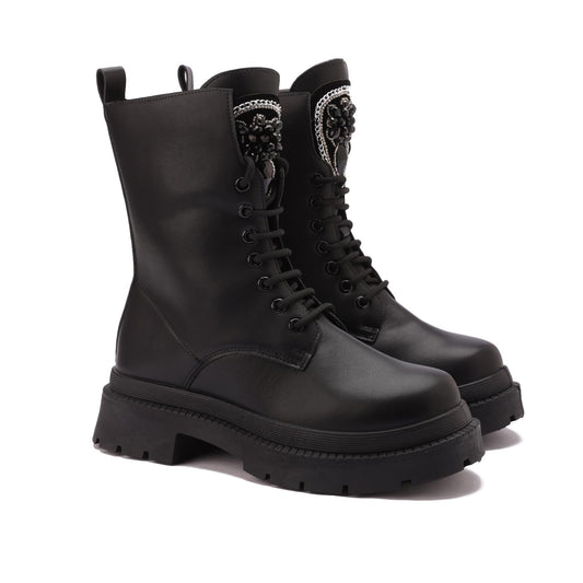 Imported leather boots adorned with embroidery and accessories - equipped with a comfortable sole - black color