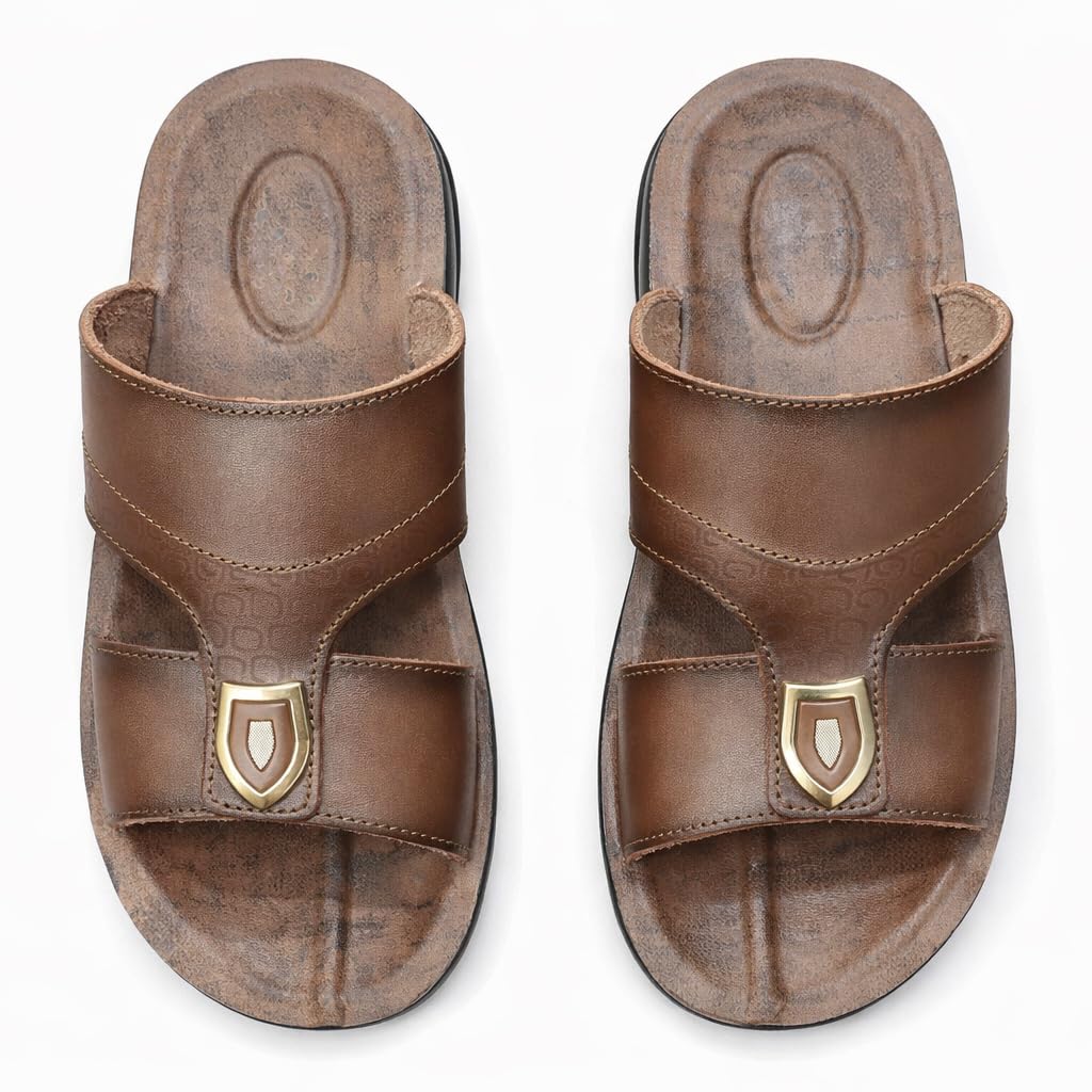 Gulf-Style Men’s Leather Slippers – Modern Design with Comfortable Anti-Slip Sole – Perfect for Daily and Summer Wear HAVAN -Size46 - 708