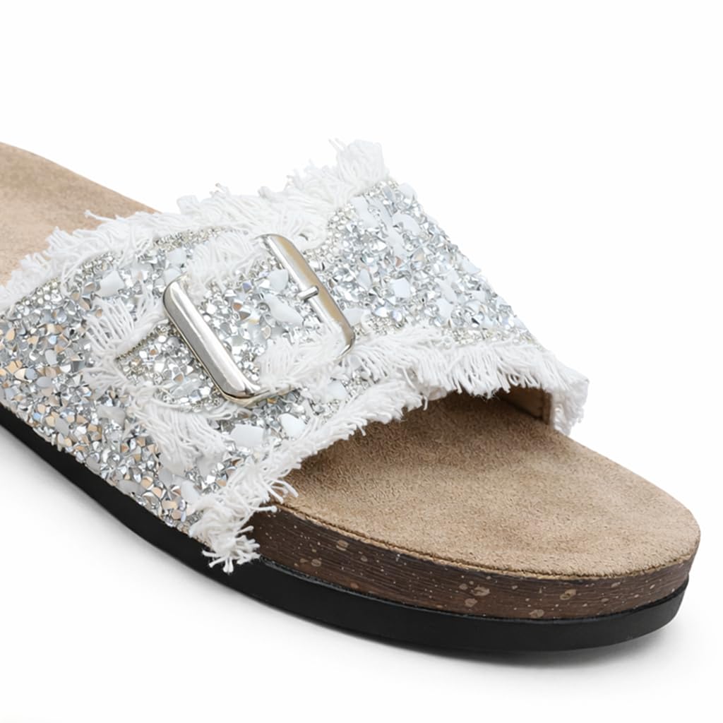 Women’s slippers decorated with golden crystals and a metal buckle – luxurious summer style with a comfortable suede sole – elegant design for daily outings. - B3