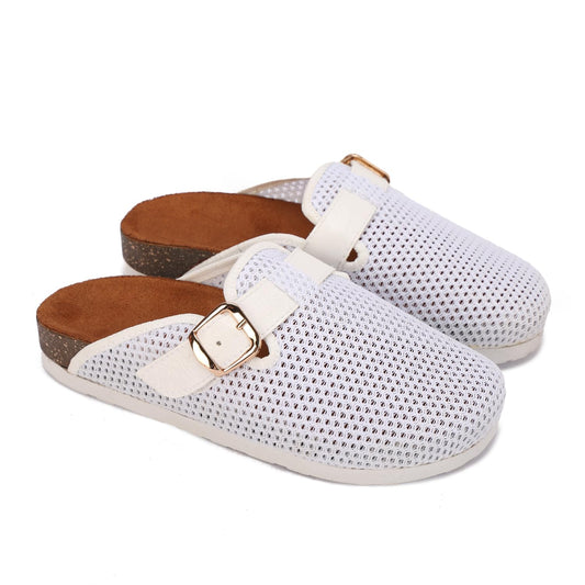 Comfortable women's slippers with a closed design, mesh upper, and side buckle.