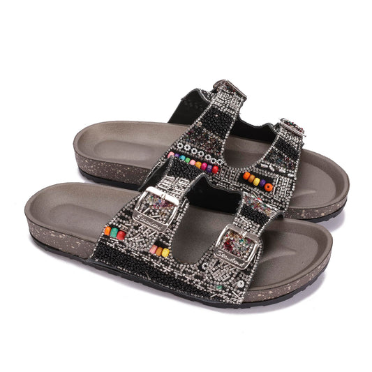 Women's decorative slippers with double straps – comfortable and stylish design