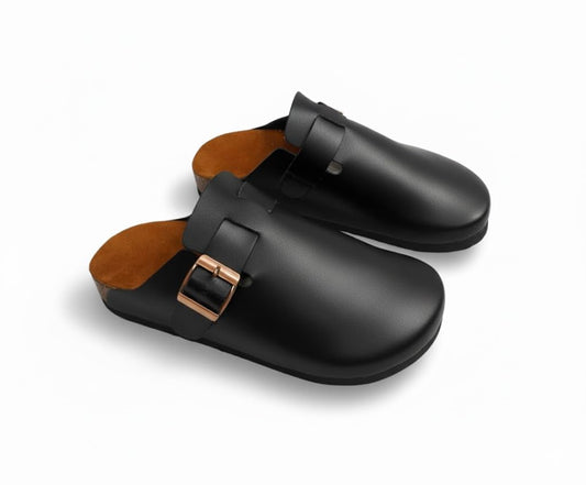 Comfortable slippers with a modern design and metal buckle - made from high-quality leather