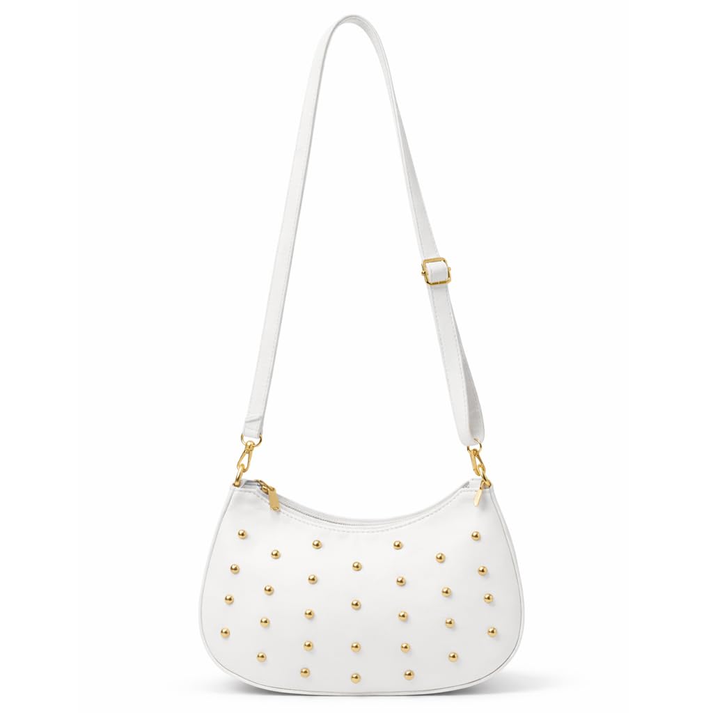 Small women’s shoulder bag decorated with gold studs, featuring a top zipper and a comfortable strap – suitable for outings and evening events.