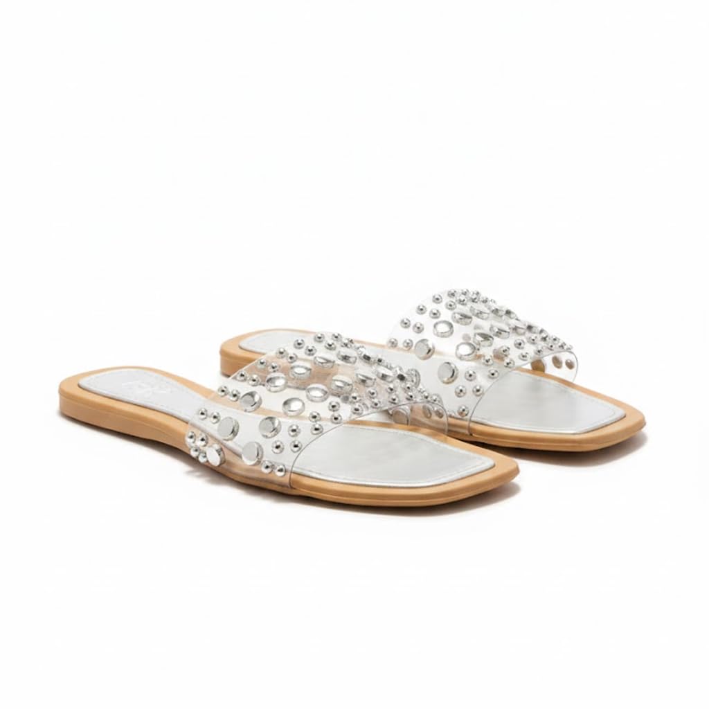 Women’s slide-style slippers decorated with metal studs – modern, comfortable design for errands and outings.  - H31