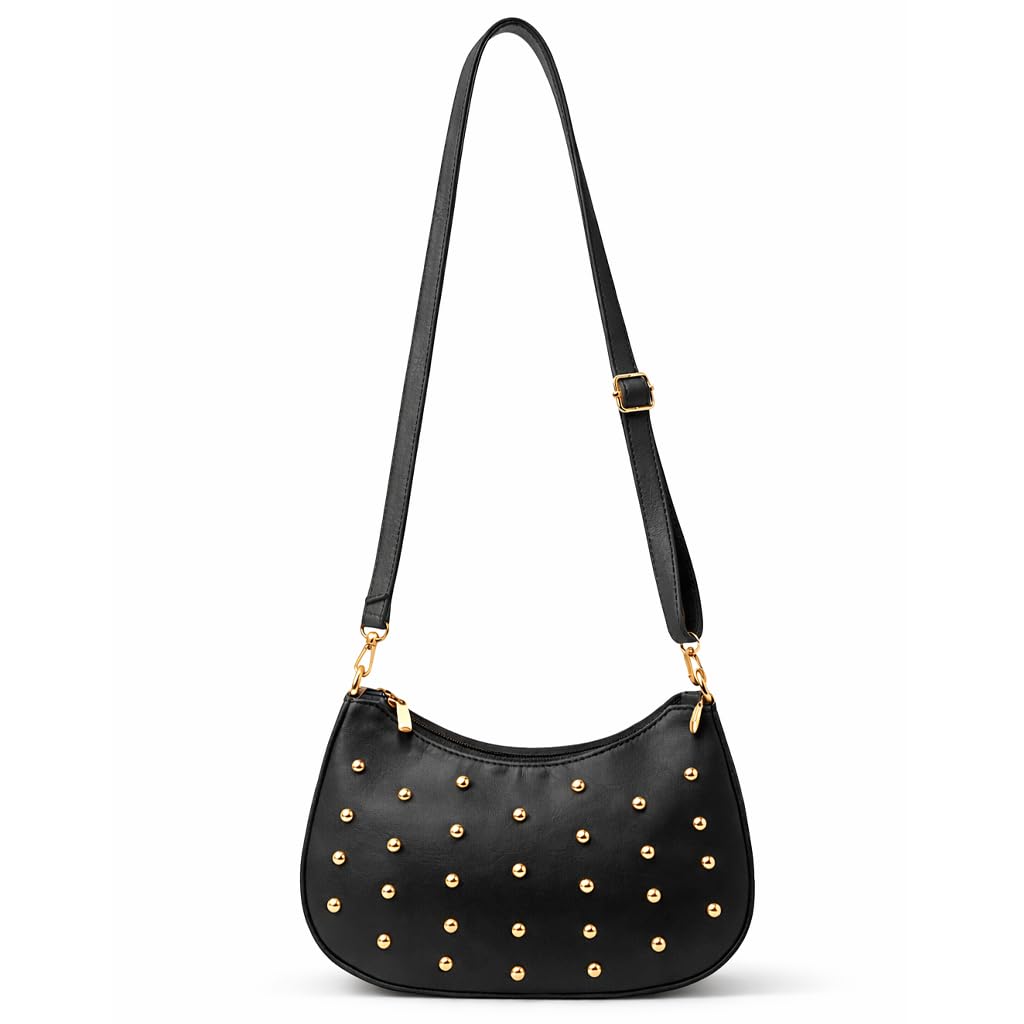 Small women’s shoulder bag decorated with gold studs, featuring a top zipper and a comfortable strap – suitable for outings and evening events.