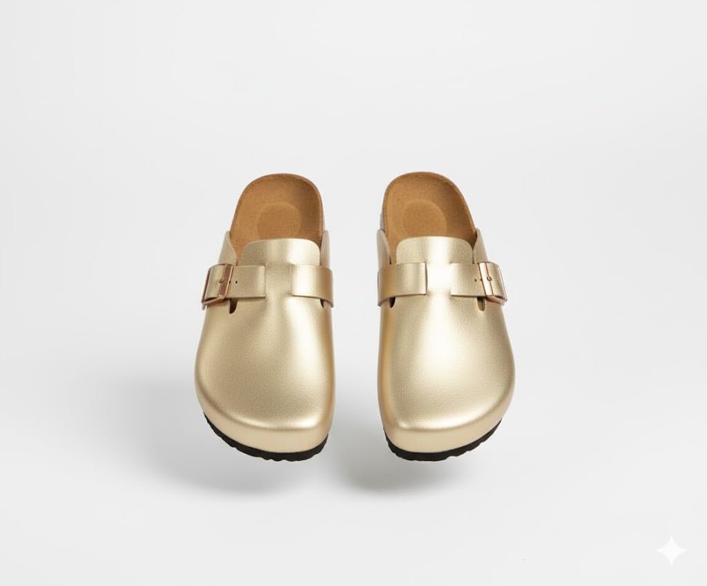 Comfortable slippers with a modern design and metal buckle - made from high-quality leather