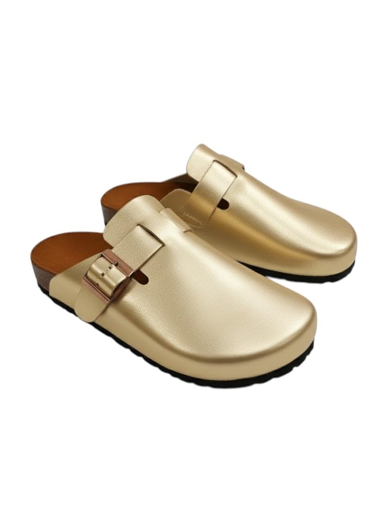 Comfortable slippers with a modern design and metal buckle - made from high-quality leather