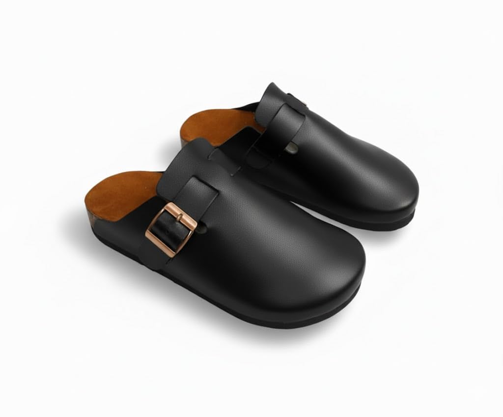 Comfortable slippers with a modern design and metal buckle - made from high-quality leather