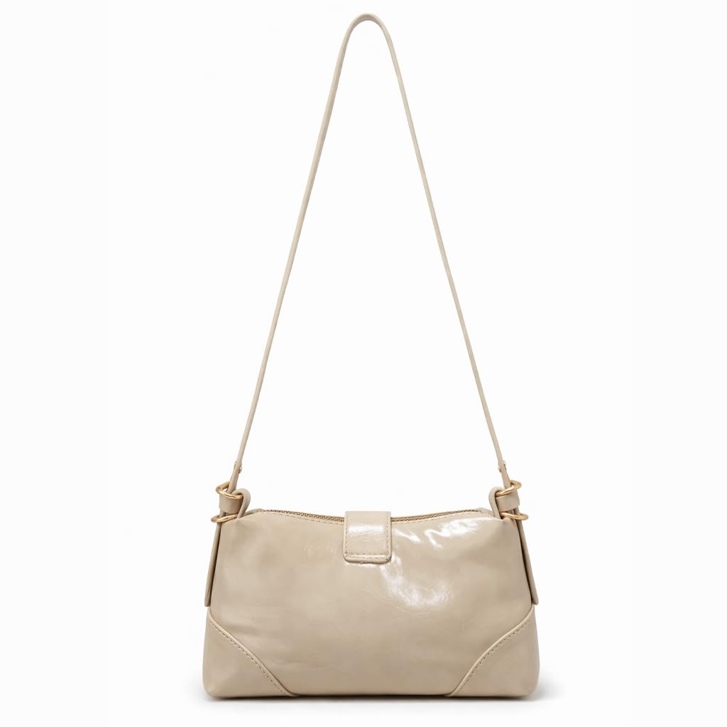 Small  women’s shoulder bag with an elegant leather buckle, featuring a top zipper and a long strap – suitable for daily outings and evening events.