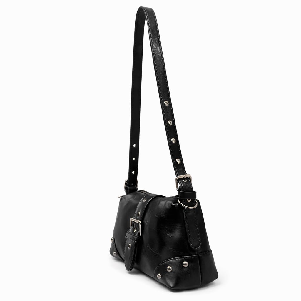 Small  women’s shoulder bag with an elegant leather buckle, featuring a top zipper and a long strap – suitable for daily outings and evening events.