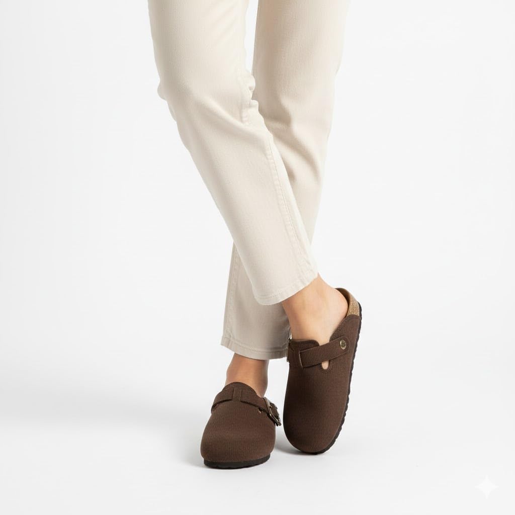 Stylish and comfortable women's clogs with a buckle closure and a non-slip sole.