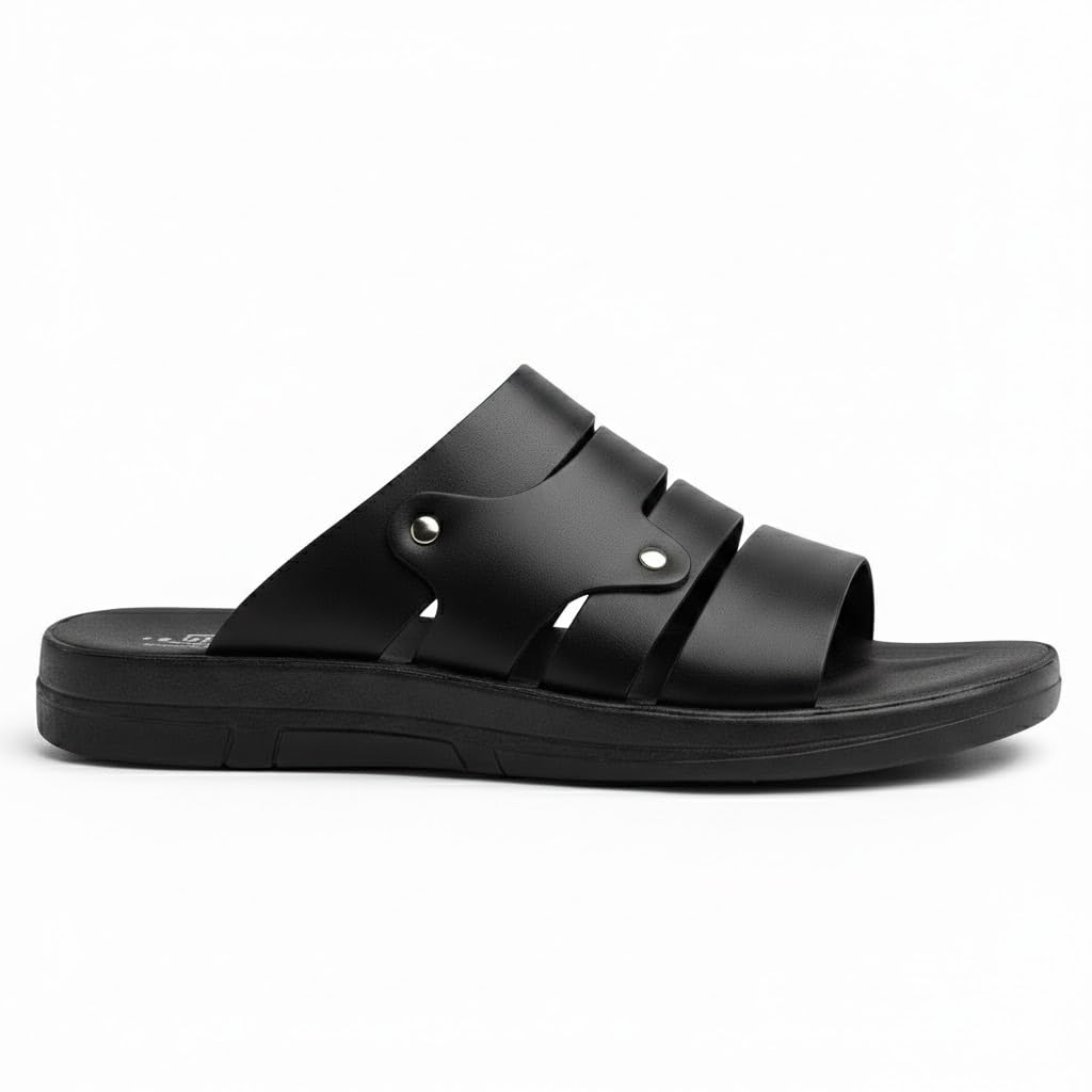 Men’s black leather slippers – modern multi-strap design with a comfortable, slip-resistant sole – ideal for daily and summer use.   - 608