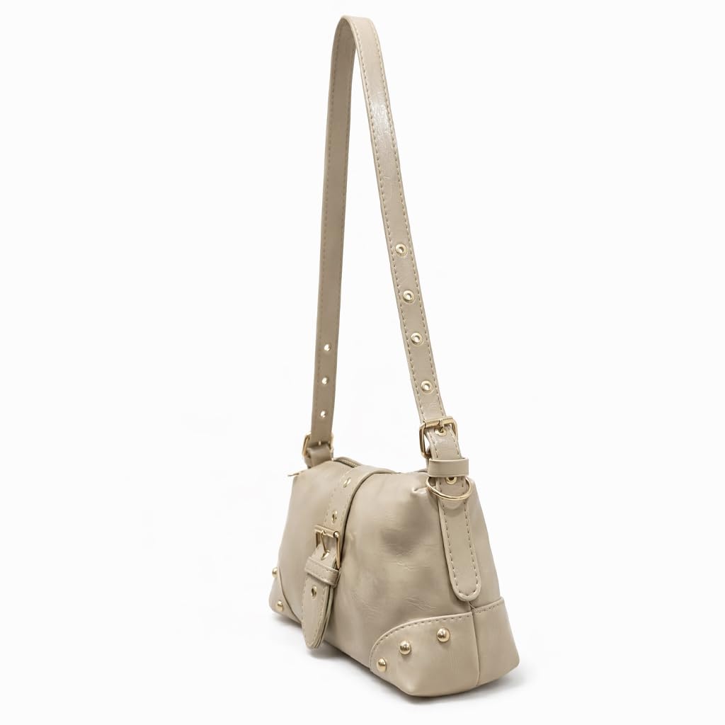 Small  women’s shoulder bag with an elegant leather buckle, featuring a top zipper and a long strap – suitable for daily outings and evening events.