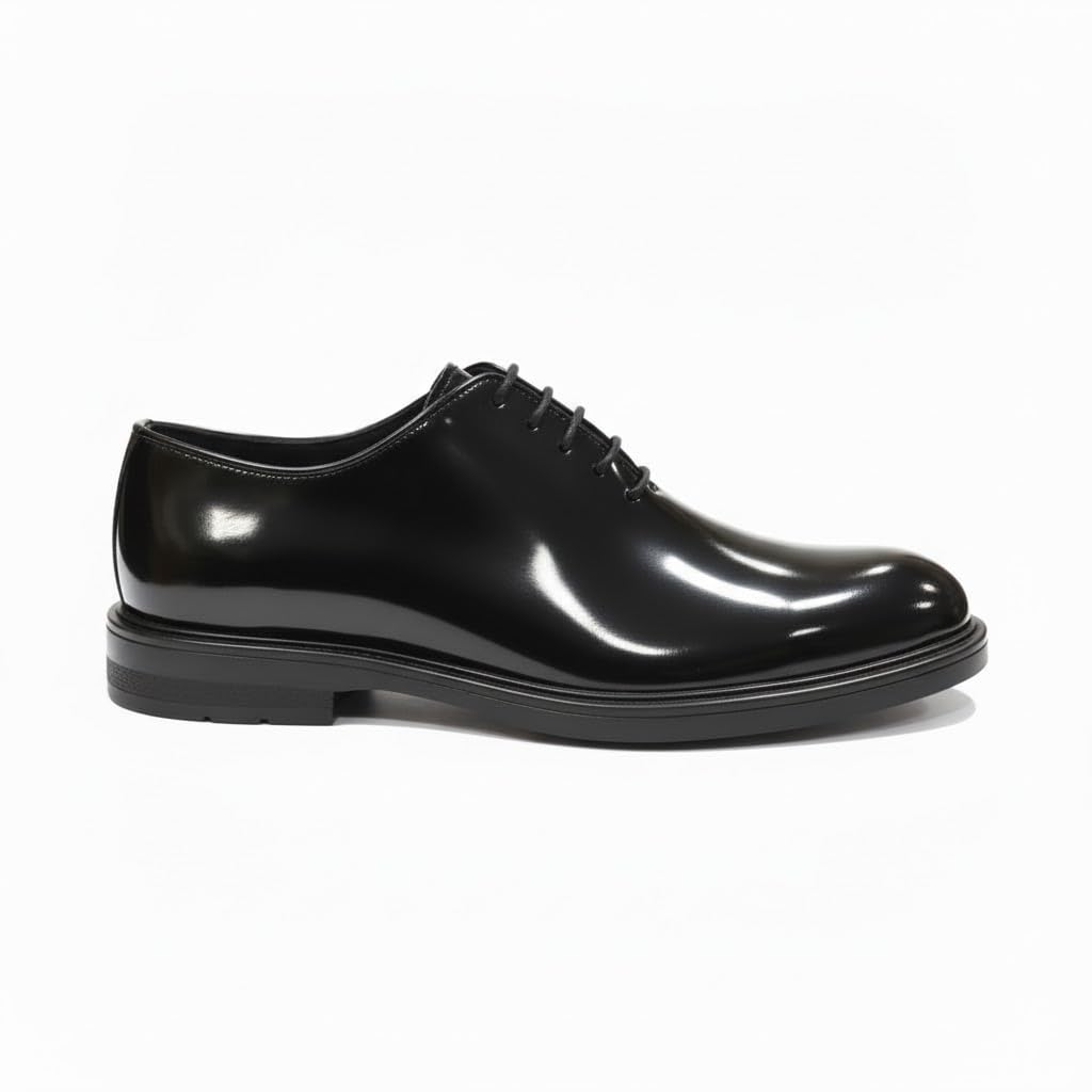 Men's patent leather shoes with laces and a non-slip rubber sole.