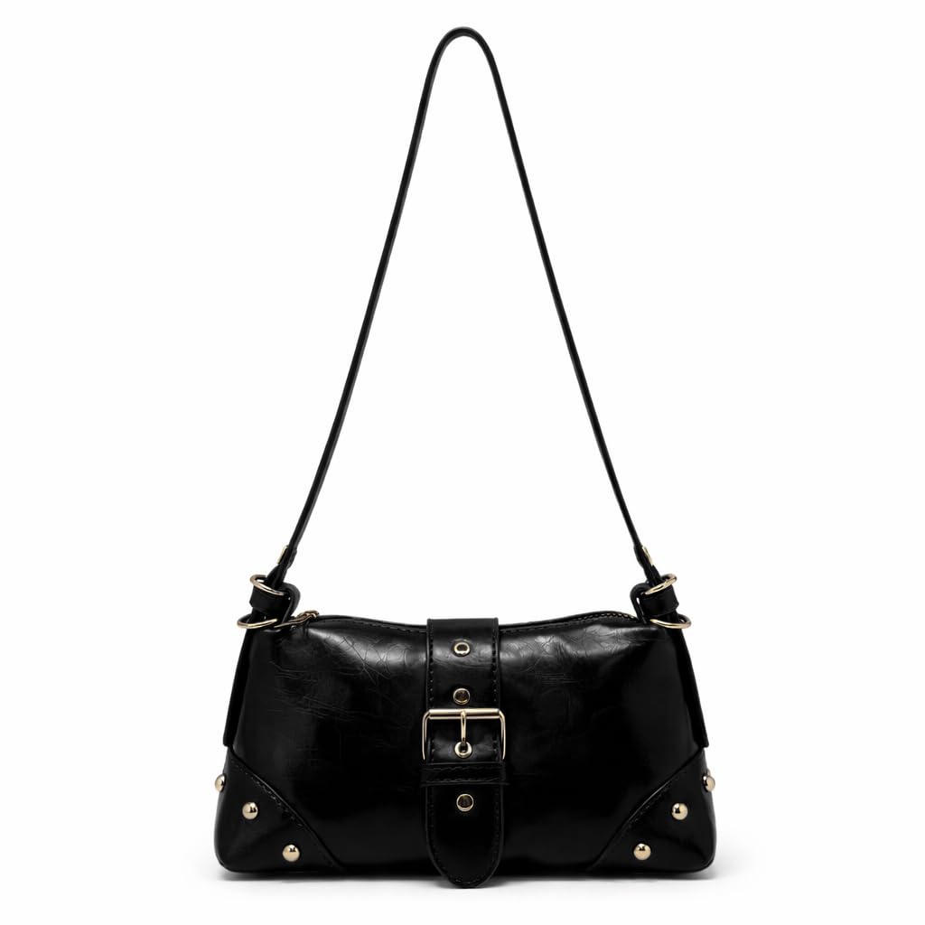 Small  women’s shoulder bag with an elegant leather buckle, featuring a top zipper and a long strap – suitable for daily outings and evening events.