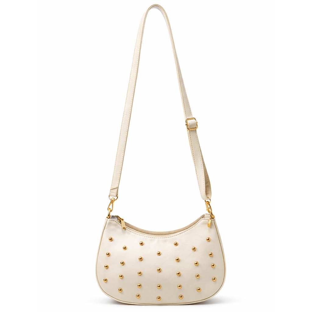 Small women’s shoulder bag decorated with gold studs, featuring a top zipper and a comfortable strap – suitable for outings and evening events.