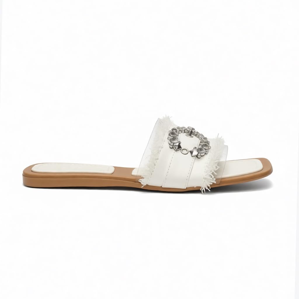Elegant women’s slippers with a transparent strap and crystal details – summer square-toe design with a comfortable flat sole – modern style. - H25