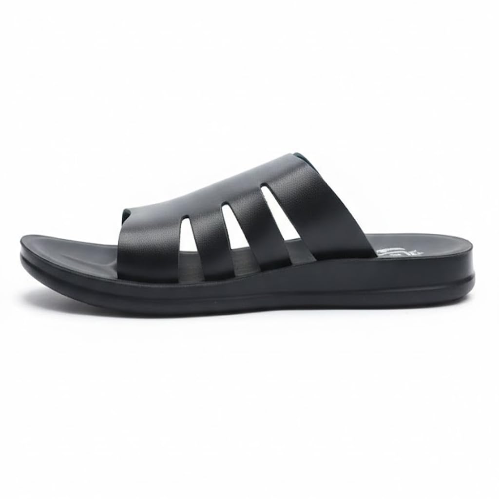 Men’s black leather slippers – modern multi-strap design with a comfortable, slip-resistant sole – ideal for daily and summer use.   - 624