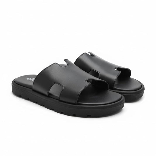 Men genuine leather slipper fashion casual look - Anti-slip  BLACK  - Code 4001