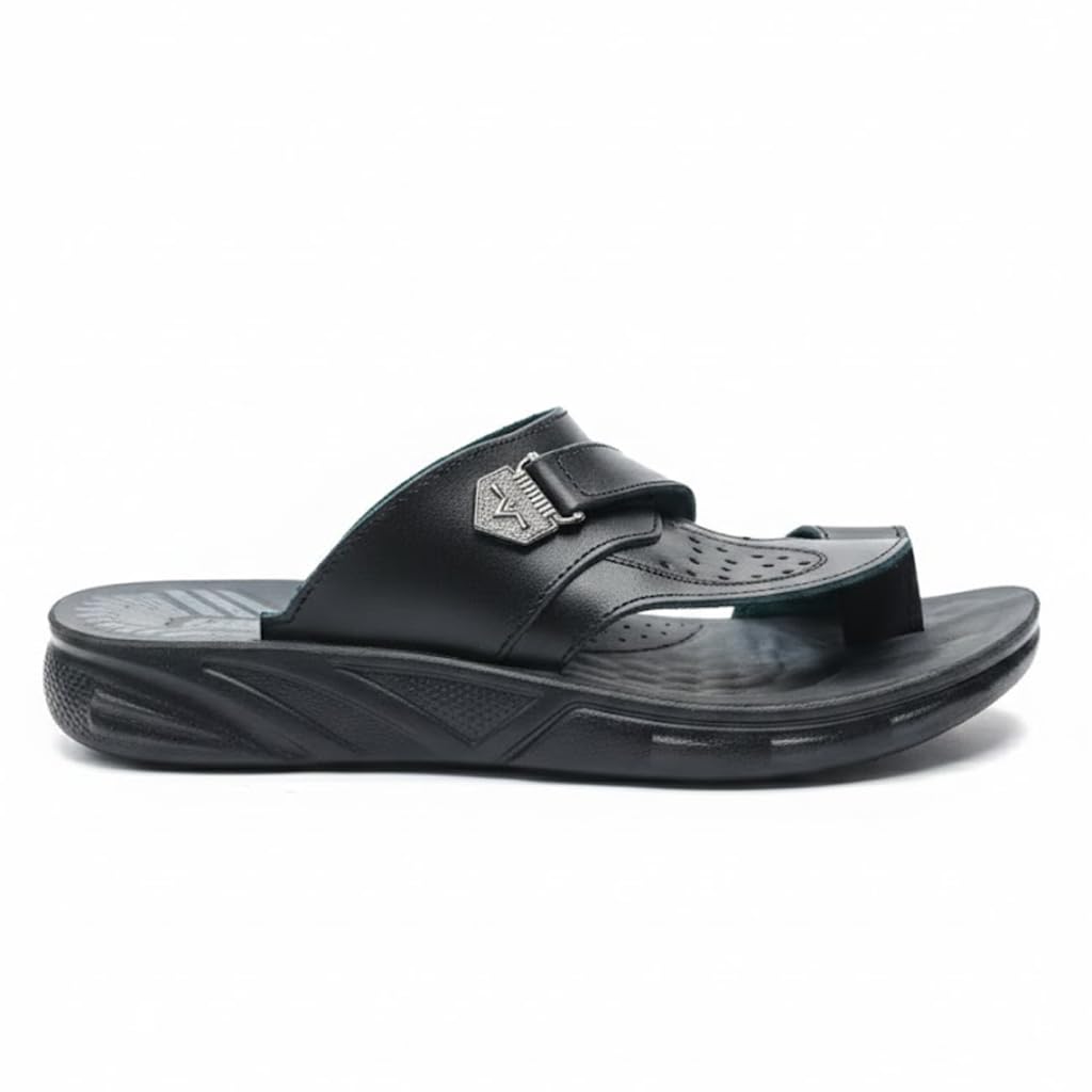 Men’s black leather slippers – modern, comfortable design with high-quality material and a cushioned orthopedic sole – perfect for daily use and errands.  - 522