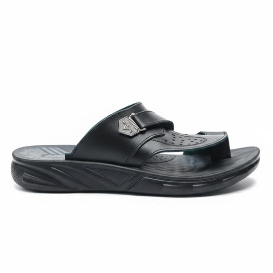 Men’s black leather slippers – modern, comfortable design with high-quality material and a cushioned orthopedic sole – perfect for daily use and errands.  - 522