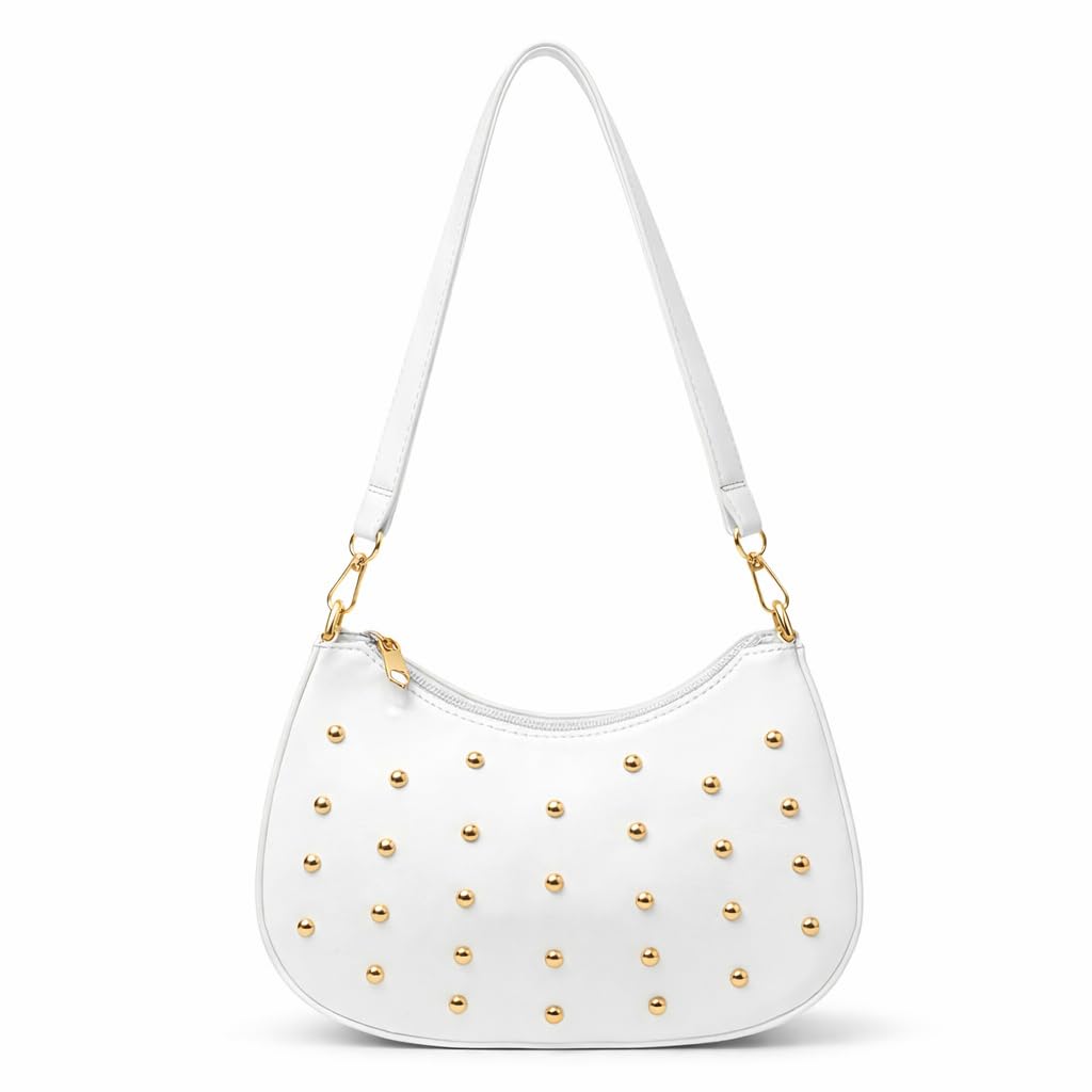 Small women’s shoulder bag decorated with gold studs, featuring a top zipper and a comfortable strap – suitable for outings and evening events.