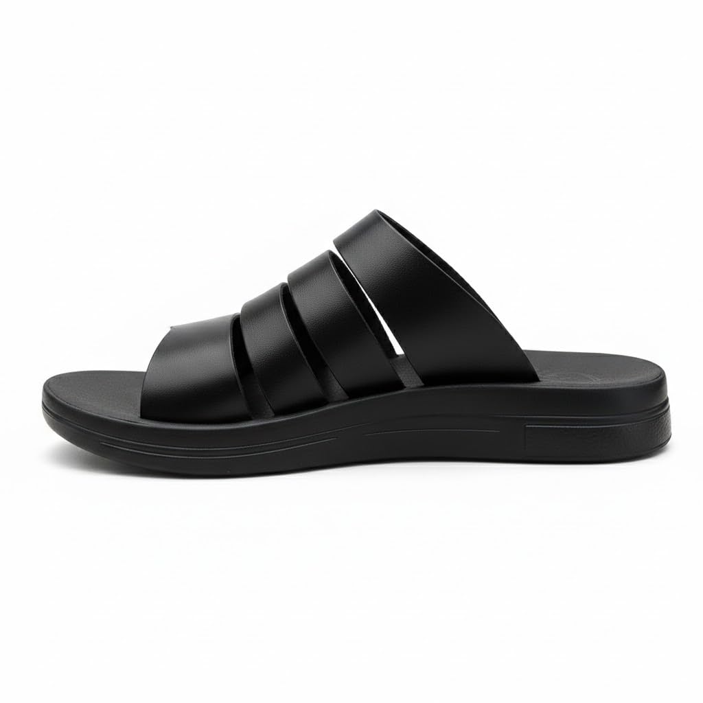Men’s black leather slippers – modern multi-strap design with a comfortable, slip-resistant sole – ideal for daily and summer use.   - 608
