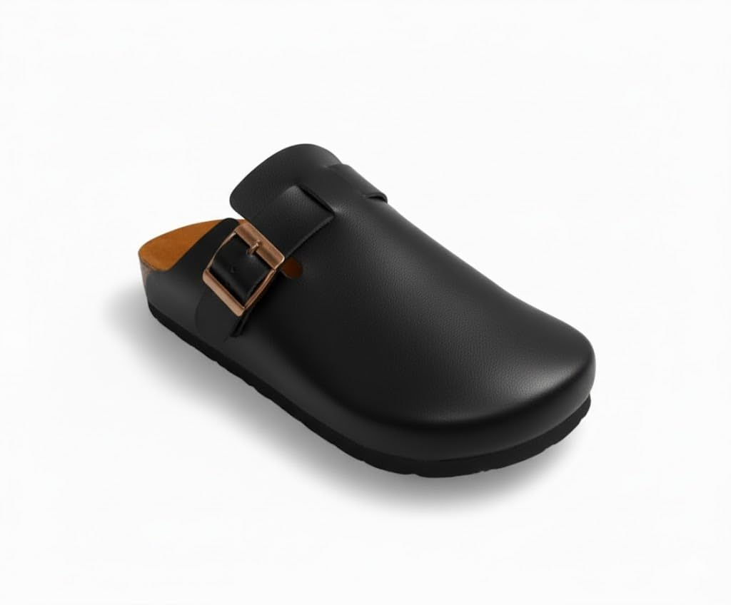Comfortable slippers with a modern design and metal buckle - made from high-quality leather