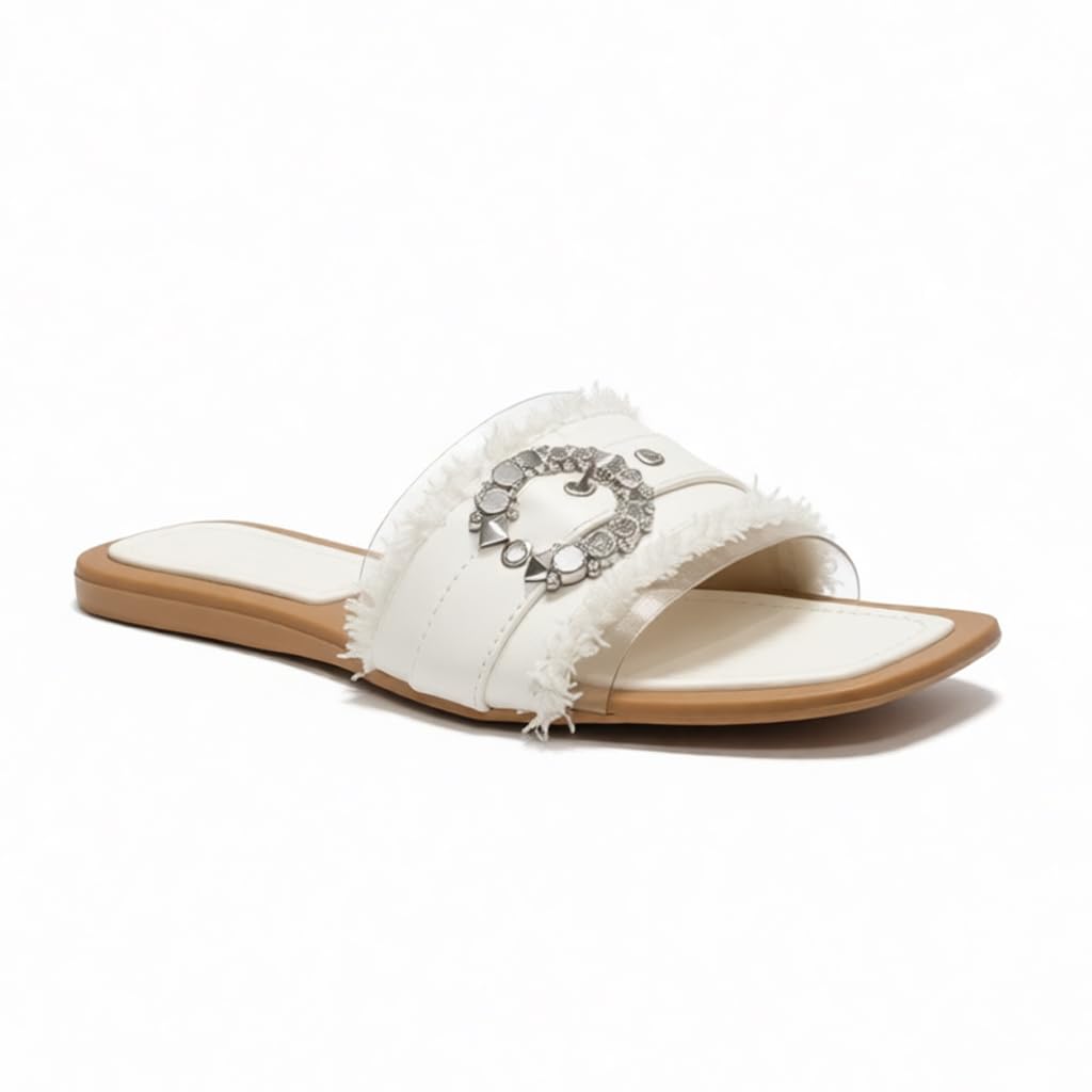 Elegant women’s slippers with a transparent strap and crystal details – summer square-toe design with a comfortable flat sole – modern style. - H25