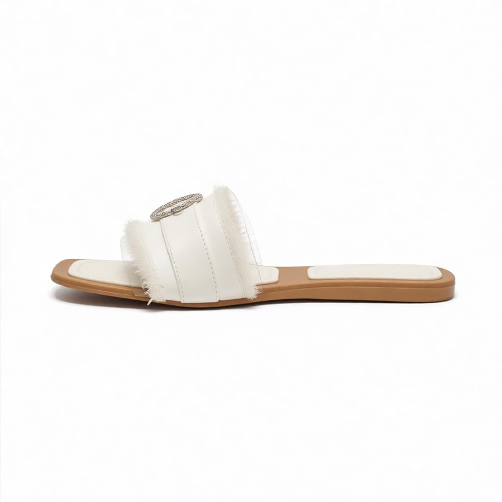 Elegant women’s slippers with a transparent strap and crystal details – summer square-toe design with a comfortable flat sole – modern style. - H25