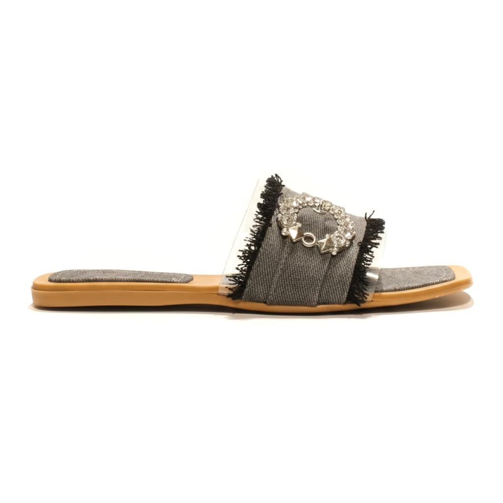 Elegant women’s slippers with a transparent strap and crystal details – summer square-toe design with a comfortable flat sole – modern style. - H25