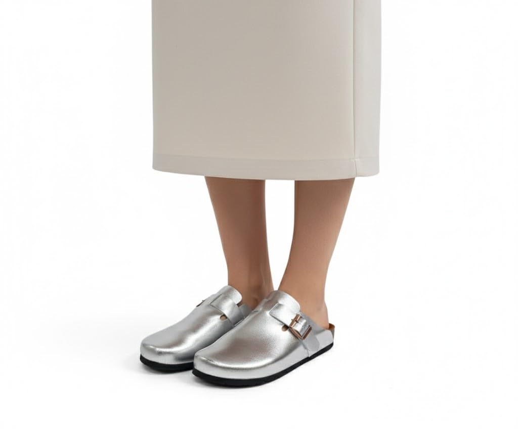 Comfortable slippers with a modern design and metal buckle - made from high-quality leather