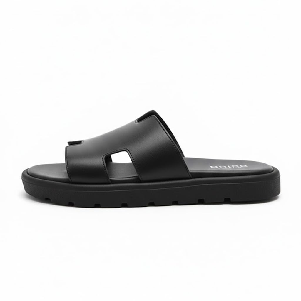 Men genuine leather slipper fashion casual look - Anti-slip  BLACK  - Code 4001