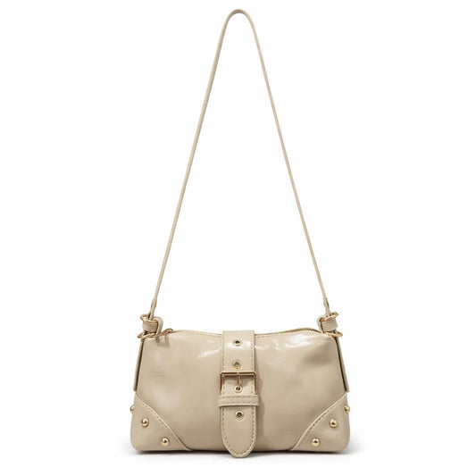 Small  women’s shoulder bag with an elegant leather buckle, featuring a top zipper and a long strap – suitable for daily outings and evening events.