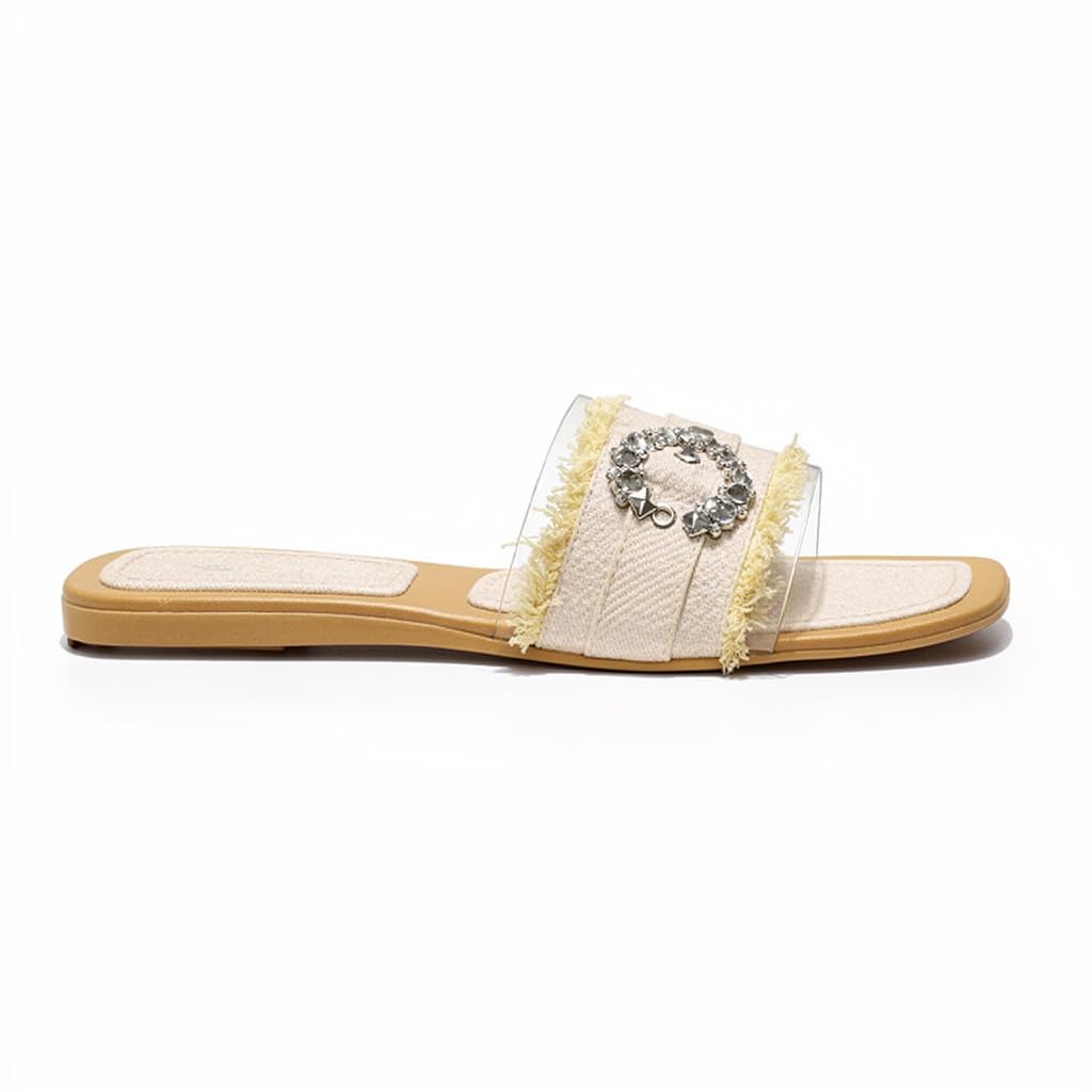 Elegant women’s slippers with a transparent strap and crystal details – summer square-toe design with a comfortable flat sole – modern style. - H25