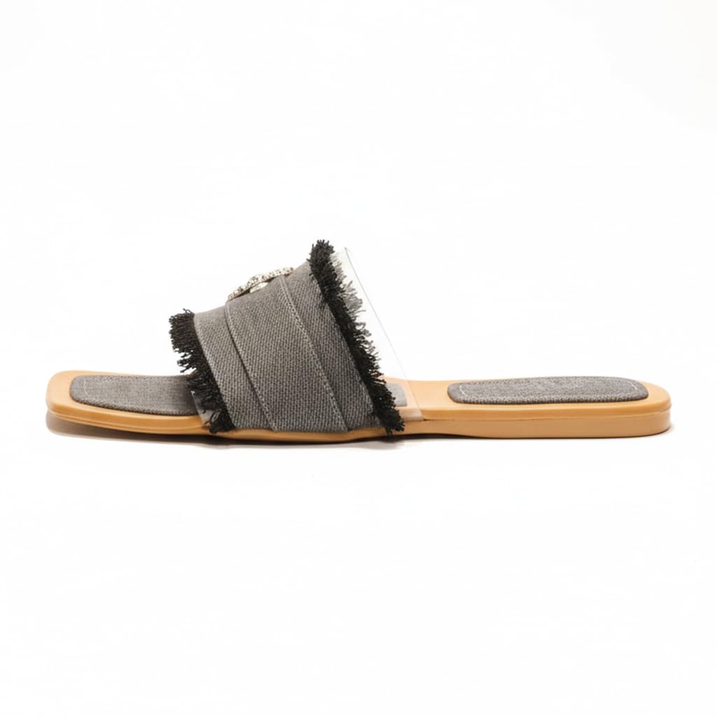 Elegant women’s slippers with a transparent strap and crystal details – summer square-toe design with a comfortable flat sole – modern style. - H25