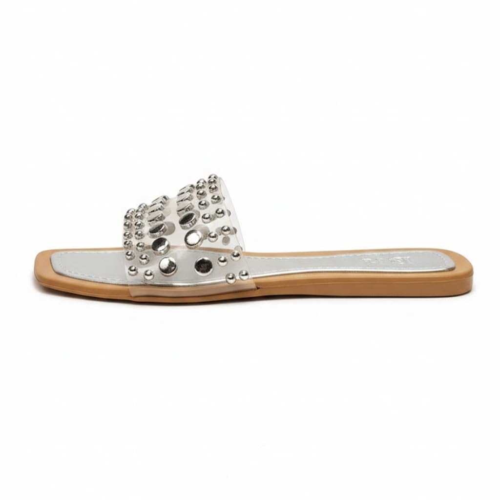 Women’s slide-style slippers decorated with metal studs – modern, comfortable design for errands and outings.  - H31