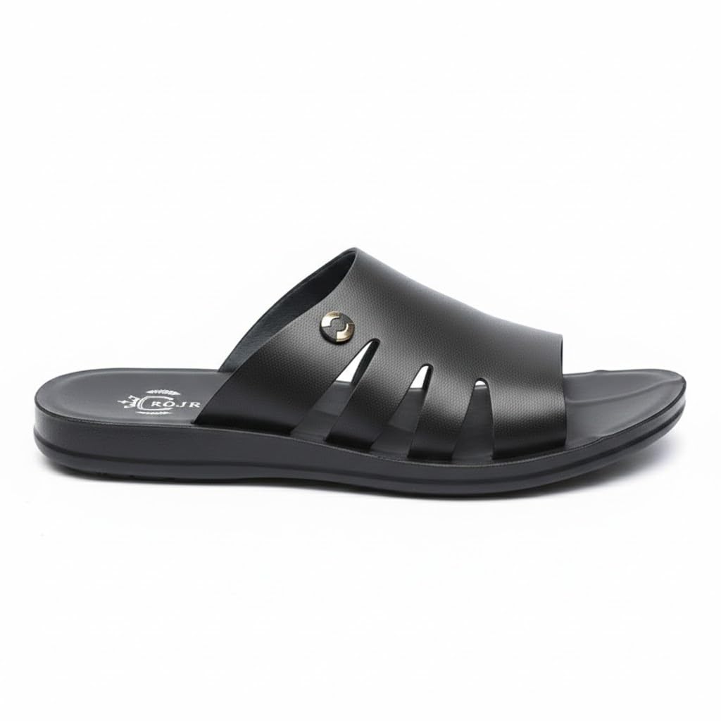 Men’s black leather slippers – modern multi-strap design with a comfortable, slip-resistant sole – ideal for daily and summer use.   - 624