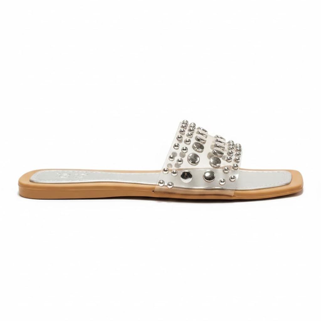 Women’s slide-style slippers decorated with metal studs – modern, comfortable design for errands and outings.  - H31