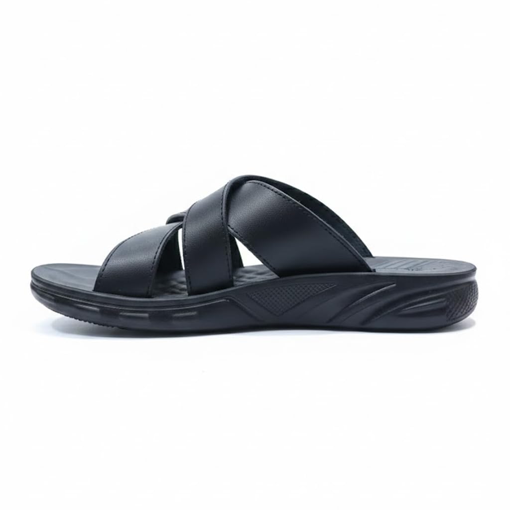 Men’s black leather slippers – modern, comfortable design with high-quality material and a cushioned orthopedic sole – perfect for daily use and errands.  - 522