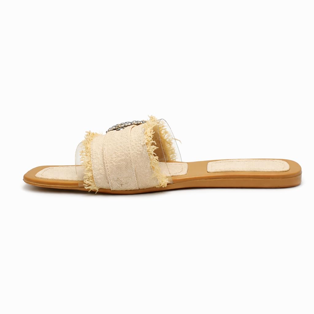 Elegant women’s slippers with a transparent strap and crystal details – summer square-toe design with a comfortable flat sole – modern style. - H25