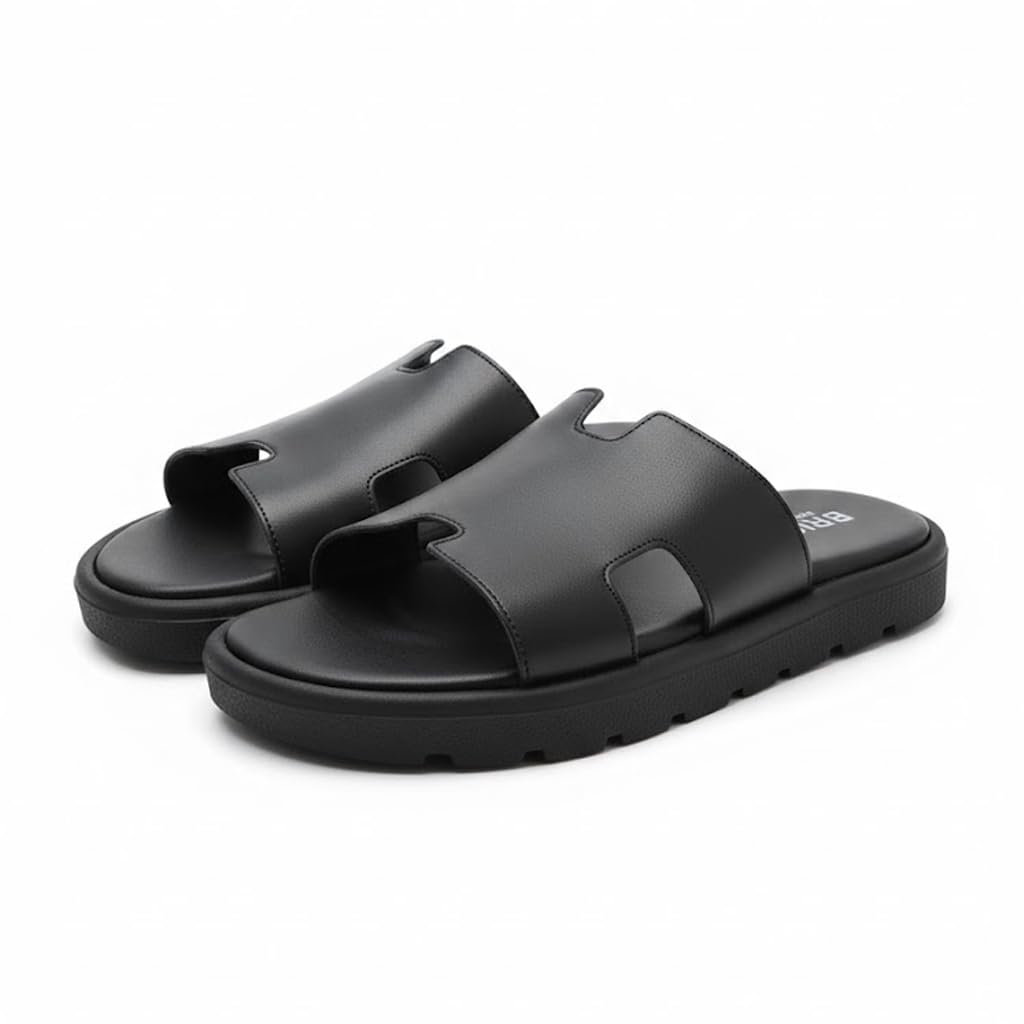 Men genuine leather slipper fashion casual look - Anti-slip  BLACK  - Code 4001
