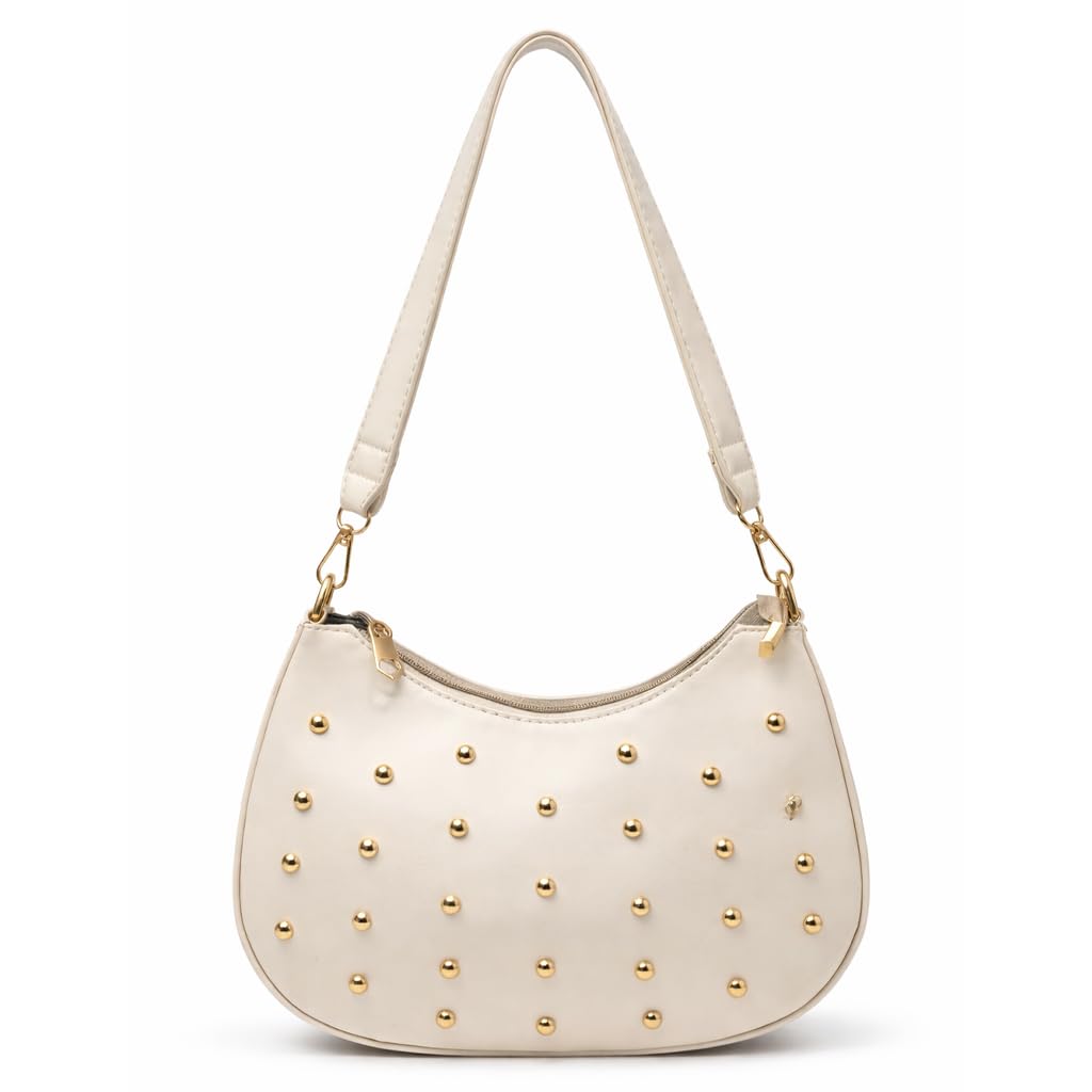 Small women’s shoulder bag decorated with gold studs, featuring a top zipper and a comfortable strap – suitable for outings and evening events.