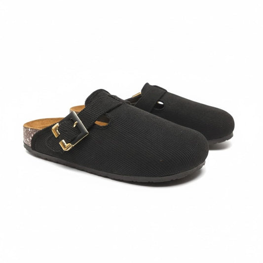 Stylish and comfortable women's clogs with a buckle closure and a non-slip sole.