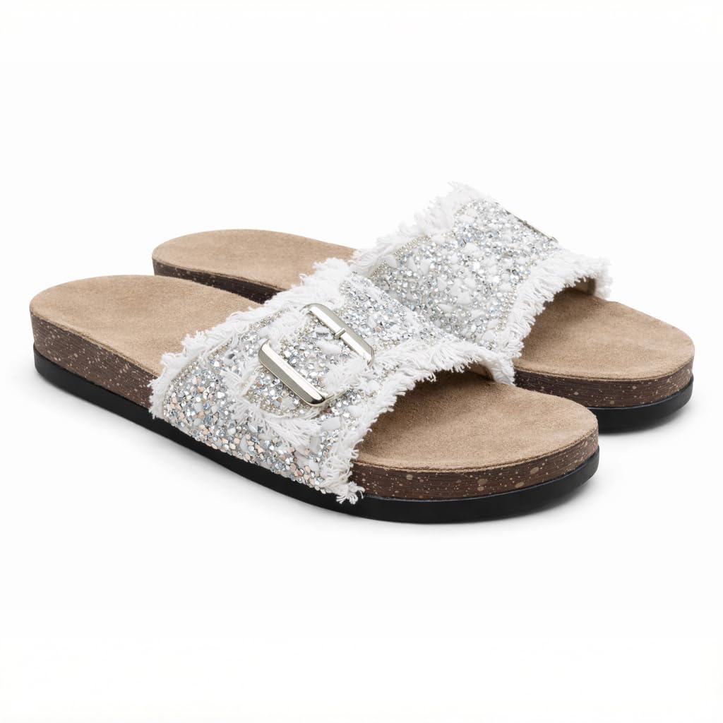 Women’s slippers decorated with golden crystals and a metal buckle – luxurious summer style with a comfortable suede sole – elegant design for daily outings.  - B3