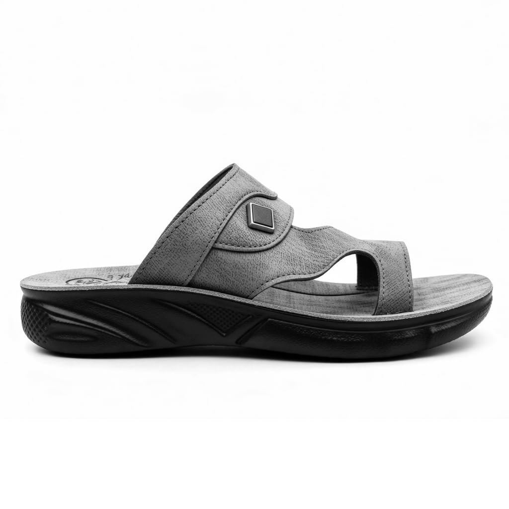 Men’s black leather slippers – modern, comfortable design with high-quality material and a cushioned orthopedic sole – perfect for daily use and errands.   - 2005