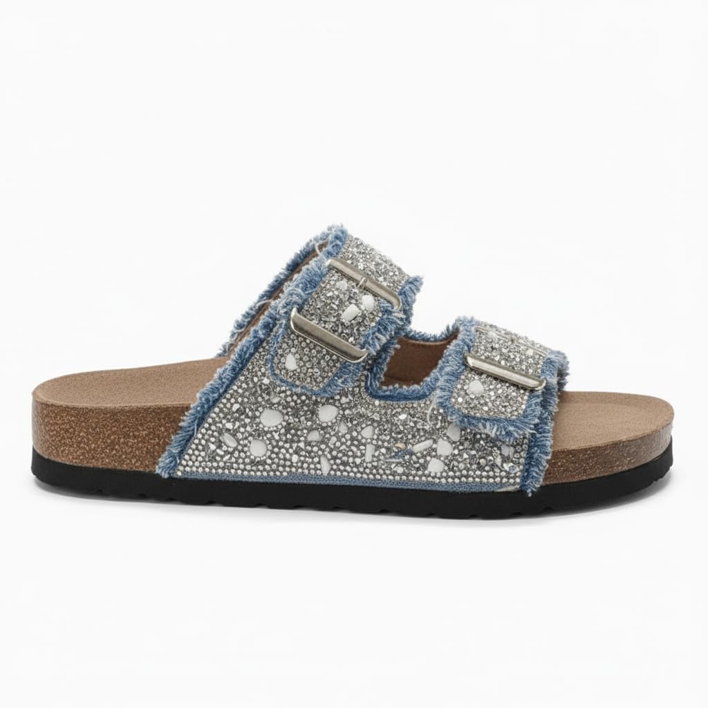 Women’s slippers featuring double metal buckles, decorated with crystals and beads – comfortable suede sole with anti-slip design for an elegant summer look- B4