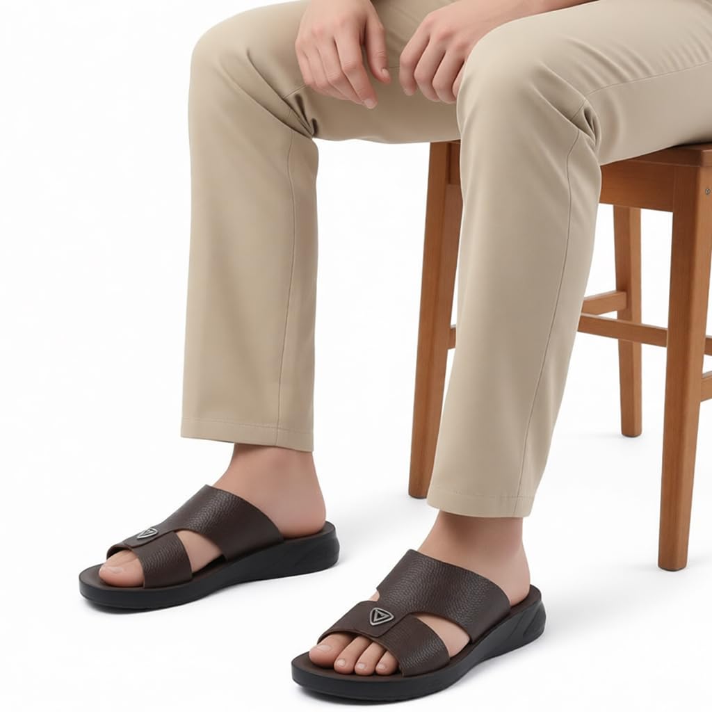 Gulf-Style Men’s Leather Slippers – Modern Design with Comfortable Anti-Slip Sole – Perfect for Daily and Summer Wear   - 706